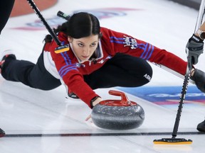 Team Wild Card 3 skip Beth Peterson makes a shot against Team Alberta at the Scotties Tournament of Hearts in Calgary, Alta., Monday, Feb. 22, 2021.