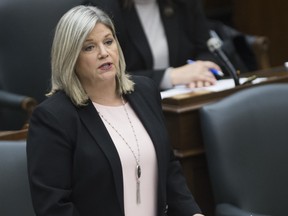 NDP Leader Andrea Horwath asks Ontario Premier Doug Ford questions as they sit in the legislature at Queen's Park during the COVID-19 pandemic in Toronto on Tuesday, May 12, 2020.