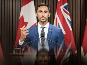 Ontario Minister of Education, Stephen Lecce makes an announcement at Queen's Park in Toronto Aug, 13, 2020.