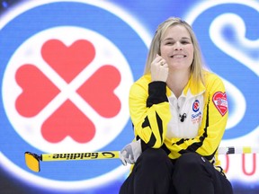 Manitoba skip Jennifer Jones takes on the Wild Card team during the finals at the Scotties Tournament of Hearts in Penticton, B.C., on Sunday, Feb. 4, 2018.