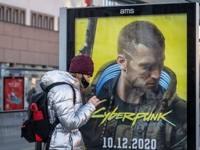 An advertisement of Cyberpunk 2077 game is seen on Dec. 4, 2020 before the expected release of Cyberpunk 2077 game, in Warsaw, Poland.