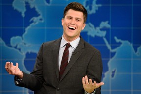 Colin Jost having a laugh on the set of Saturday Night Live.
