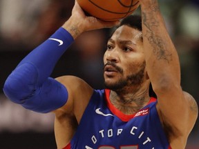 Pistons guard Derrick Rose takes a shot against the Lakers during fourth quarter NBA action at Little Caesars Arena in Detroit, Jan. 28, 2021.