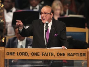 Sony Music Chief Creative Officer Clive Davis speaks at the funeral for Aretha Franklin at the Greater Grace Temple on Aug. 31, 2018 in Detroit, Mich.