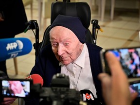 Sister Andre, Lucille Randon in the registry of birth, the eldest French citizen, talks with journalists during an event to celebrate her 116th birthday in the EHPAD (Housing Establishment for Dependant Elderly People) in Toulon, southern France, where she has been living since 2009.