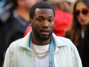 Rapper Meek Mill  looks on before Super Bowl LIV at Hard Rock Stadium on Feb. 2, 2020 in Miami, Fla.