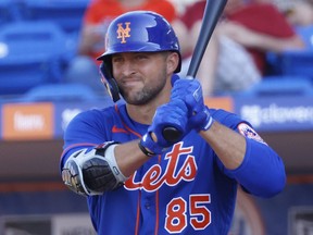 Tim Tebow of the New York Mets prepares to bat against the St Louis Cardinals in the eighth inning during a spring training game at Clover Park on March 4, 2020 in Port St. Lucie, Fla.
