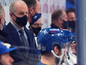 Head coach Ralph Krueger of the Buffalo Sabres watches play from the bench during the second period against the New York Rangers at KeyBank Center on Jan. 26 , 2021 in Buffalo, N.Y.