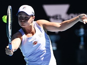 Ashleigh Barty of Australia plays a backhand in her quarter-finals match against Karolina Muchova of the Czech Republic during the 2021 Australian Open at Melbourne Park on Feb. 17, 2021 in Melbourne, Australia.