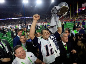 Tom Brady celebrates the New England Patriots’ Super Bowl win over the Seahawks in 2015, a gift-wrapped victory thanks to a dreadful play-call by the Seattle head coach.