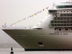 The new cruise ship Freedom of the Seas, the world's largest cruise ship, owned by Royal Caribbean,  sits off the shores of Bayonne, New Jersey 12 May, 2006 in New York Harbor.