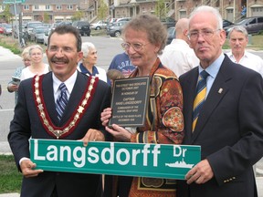 In this 2007 file photo, the town of Ajax dedicates a street to German Cpt. Hans Langsdorff. His daughter Inge Nedden, centre, and husband Ruediger Nedden, right, is pictured with Ajax Mayor Steve Parish.