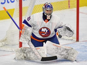 Islanders goaltender Ilya Sorokin makes a save against the Flyers during the third period at Wells Fargo Center in Philadelphia, Jan. 31, 2021.