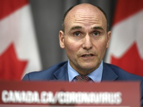 President of the Treasury Board Jean-Yves Duclos speaks during a news conference on the COVID-19 pandemic on Parliament Hill in Ottawa, on Monday, June 22, 2020.