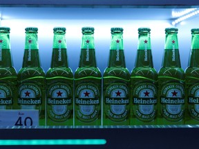 Bottles of Heineken beer are seen at a super market during the coronavirus outbreak, in Bangkok, Thailand, October 12, 2020.