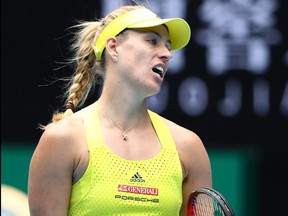 Angelique Kerber of Germany reacts in her women's singles first round match against Bernarda Pera of the United States at the Australian Open at Melbourne Park on Feb. 8, 2021 in Melbourne, Australia.