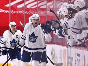 Toronto Maple Leafs centre Auston Matthews (34) celebrates his goal against the Montreal Canadiens Saturday at Bell Centre.