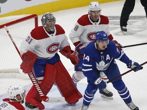 Toronto Maple Leafs Auston Matthews in front of Montreal Canadiens Carey Price during the third period in Toronto on January 13, 2021.