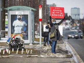 People demonstrate in support of the well-being of long-term care home residents outside of Kennedy Lodge Long-Term Care Home in the Scarborough area in Toronto, Ont. on Saturday February 27, 2021.