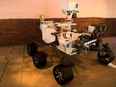 A full scale model of the Mars 2020 Perseverance rover is displayed at NASA's Jet Propulsion Laboratory (JPL) on Feb. 16, 2021 in Pasadena, Calif.