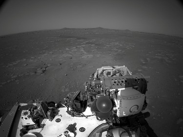 NASA's Mars Perseverance rover's onboard Left Navigation Camera (Navcam), which is located high on the rover's mast and aids in driving, shows the surrounding area on Mars in an image acquired Monday, Feb. 22, 2021.