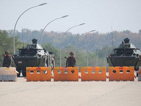 Myanmar's military checkpoint is seen on the way to the congress compound in Naypyitaw, Myanmar, February 1, 2021.