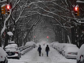 People walk their dog during a winter storm on February 1, 2021 in the Brooklyn borough of New York.