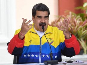 Venezuelan President Nicolas Maduro speaks during a meeting to commemorate the International Youth Day at the Miraflores Presidential Palace in Caracas, on Friday, Feb. 12, 2021.