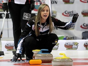 Skip Rachel Homan of the Ottawa Curling Club yells instructions to her team during the Scotties Tournament of Hearts Provincial Championship in Cornwall, Jan. 28, 2020.