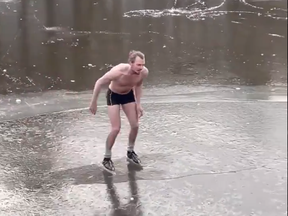 In a viral video, a Dutch man wearing only skimpy shorts skates on thin ice before falling into the waters of a canal.