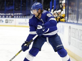 Lightning centre Steven Stamkos passes the puck during a game against the Predators at Amalie Arena in Tampa, Fla., Feb. 1, 2021.