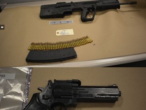 A replica handgun and a loaded semi-automatic assault rifle were seized when cops executed six search warrants in Toronto and Waterloo on Saturday, Feb. 13, 2021, in connection with an armoured car heist and a bank robbery.