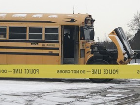 A body was found on this bus parked at Kingswood Drive Public School — near Kennedy Rd. N. and Williams Pkwy. — in Brampton on Saturday, Feb. 13, 2021.