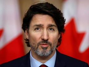Canada's Prime Minister Justin Trudeau takes part in a news conference, as efforts continue to help slow the spread of the coronavirus disease (COVID-19), in Ottawa February 19, 2021.