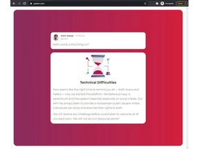 A screengrab of Parler.com website and Parler CEO John Matze's message on January 16, 2021, reading "Hello world, is this thing on?", seen in this picture obtained on January 17, 2021 from social media.