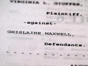 A deposition that British socialite Ghislaine Maxwell gave in 2016 relating to her dealings with the late Jeffrey Epstein is pictured in the Manhattan borough of New York City, New York, U.S., October 22, 2020.