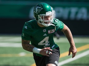 The Argos’ latest defensive coup, homebrew linebacker Cameron Judge, runs through drills at Mosaic Stadium as a member of the Roughriders.