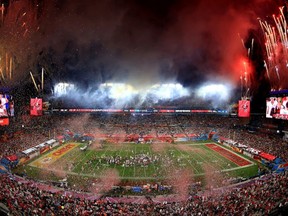 Fireworks erupt after the Tampa Bay Buccaneers defeated the Kansas City Chiefs in Super Bowl LV at Raymond James Stadium on February 07, 2021 in Tampa, Florida. The Buccaneers defeated the Chiefs 31-9. MIKE EHRMANN/GETTY IMAGES