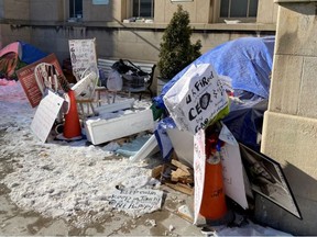 A photo showing the encampment outside the Anne Johnston Health Station.