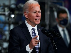 U.S. President Joe Biden speaks after a tour of a Pfizer manufacturing plant producing the coronavirus disease (COVID-19) vaccine in Kalamazoo, Michigan, U.S., February 19, 2021.