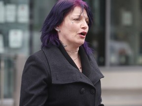 Shanan Dionne, mother of 18-year-old murder victim, Rori Hache, is pictured outside Oshawa court on March 16, 2021, after a judge convicted Adam Strong of murdering her.