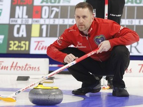 Team Canada skip Brad Gushue, show hee in action at last year's Tim Hortons Brier in Kingston, Ont., will be looking to make it four titles in five years.