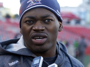 Henoc Muamba speaks to reporters before the Montreal Alouettes game against the Ottawa Redblacks at TD Place on October 1, 2015.
