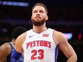 Blake Griffin of the Detroit Pistons looks on while playing the Memphis Grizzlies at Little Caesars Arena on April 09, 2019 in Detroit, Michigan.
