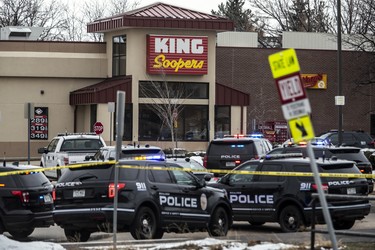 Police respond at a King Sooper's grocery store where a gunman opened fire on March 22, 2021 in Boulder, Colorado. Ten people, including a police officer, were killed in the attack.  (Photo by Chet Strange/Getty Images) on March 22, 2021 in Boulder, Colorado. (Photo by Chet Strange/Getty Images)