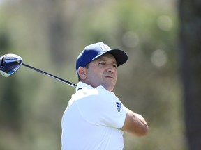 Sergio Garcia of Spain plays his shot from the ninth tee during the first round of THE PLAYERS Championship on Thursday.