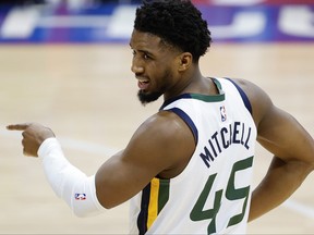 Donovan Mitchell of the Utah Jazz speaks to a referee during the third quarter against the Philadelphia 76ers at Wells Fargo Center on March 03, 2021 in Philadelphia, Pennsylvania.