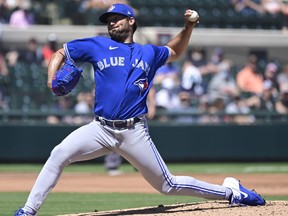 Robbie Ray of the Toronto Blue Jays throws at pitch during the first inning against the Detroit Tigers on Friday. The Blue Jays won 8-1.