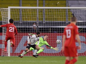 Eljif Elmas of North Macedonia scores his side's second goal past Marc-Andre ter Stegen of Germany during the FIFA World Cup 2022 Qatar qualifying match on March 31, 2021 in Duisburg, Germany.