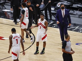Toronto Raptors guard Kyle Lowry (7) reacts after receiving second technical foul and being ejected from Sunday's game against Chicago.